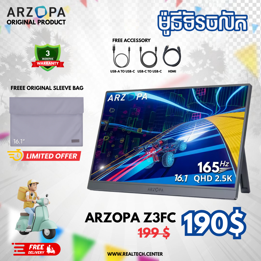 Arzopa Z3FC 2.5K 165HZ Portable Monitor | Brilliant QHD 500nits 8bit Display