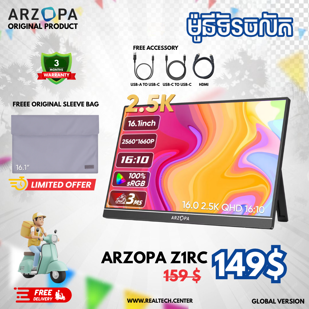 Arzopa Z1RC 2.5K Portable Monitor | Brilliant QHD 500nits 8bit Display